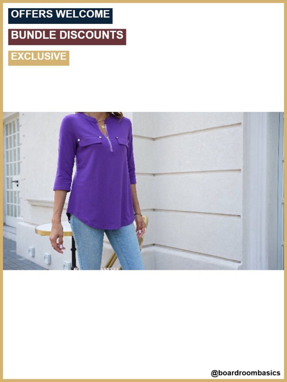 3/4 Sleeve V Neck Zip Flowy Tunic Top Blouse - Picture 5 of 5